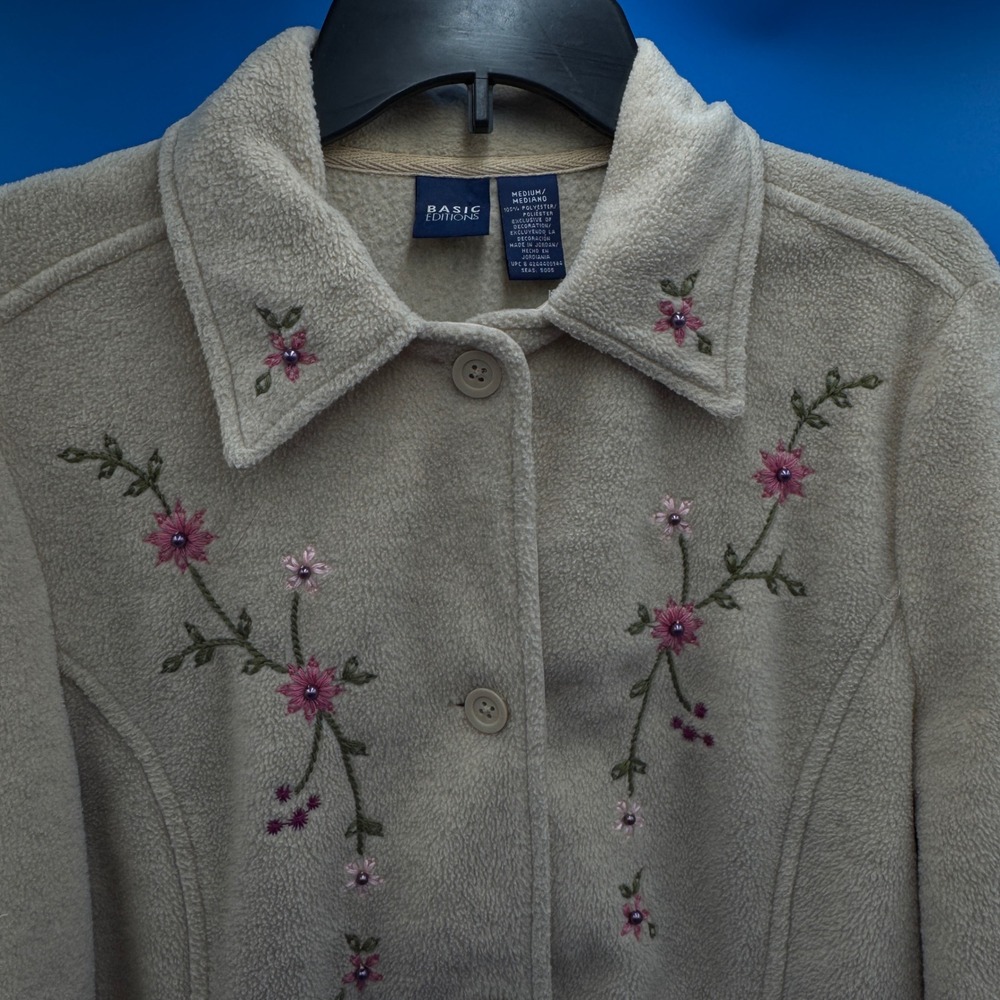 Basic Editions Womens Beige Fleece Button Front Embroidered Jacket Size Medium - Picture 2 of 6